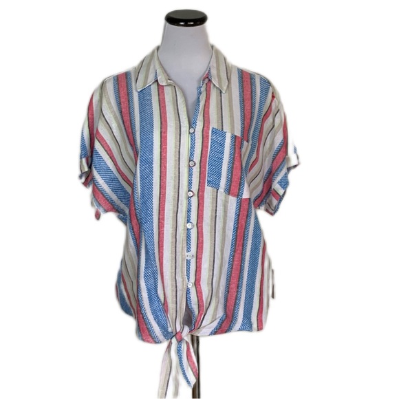 Caffe’ Marrakesh SZ L Striped Linen Blend Short Sleeve Tie Waist Top | NWT - Picture 1 of 15